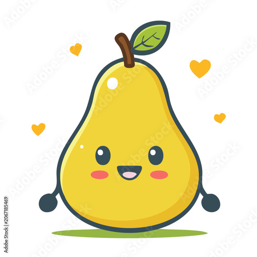 Cartoon yellow pear with butterfly and drops