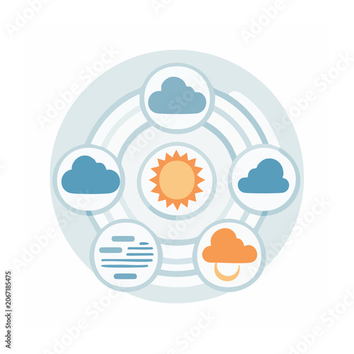 Cloud Computing Network Icon with Sun and Clouds