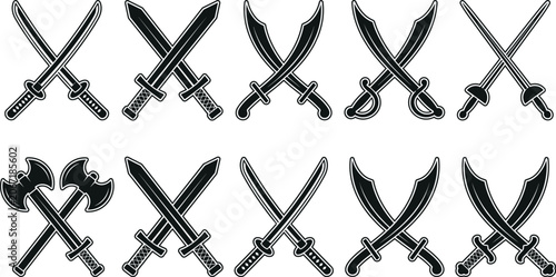 Photos Collection of crossed swords and battle axes black vector silhouettes for game U