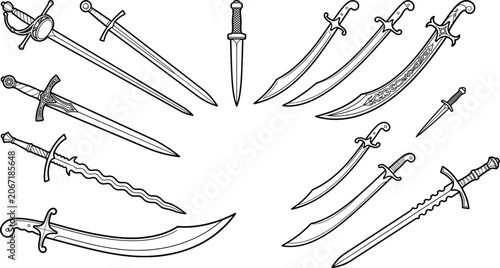 Schilderij op canvas Diverse line art vector outline collection of medieval swords scimitars and dagg