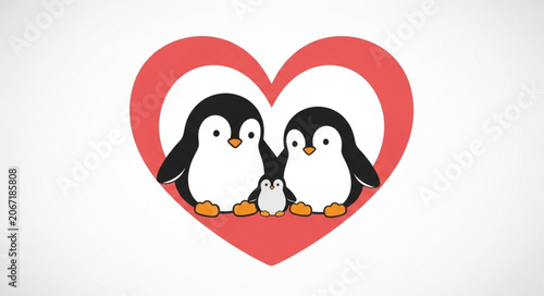Cute Penguins Family in Heart Shape Illustration