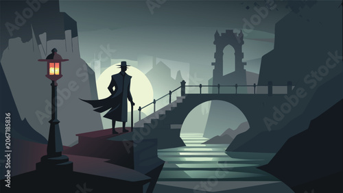 Tableau sur toile Detective standing on bridge edge in moody ancient city setting with detective s