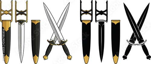 Φωτογραφία Fantasy dagger and scabbard vector collection with crossed blades and silhouette
