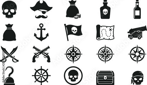 Photos Flat vector pirate silhouette icon collection featuring nautical adventure symbo