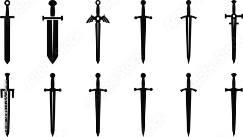 Fotografia Flat vector silhouette collection of medieval swords and fantasy daggers for gam