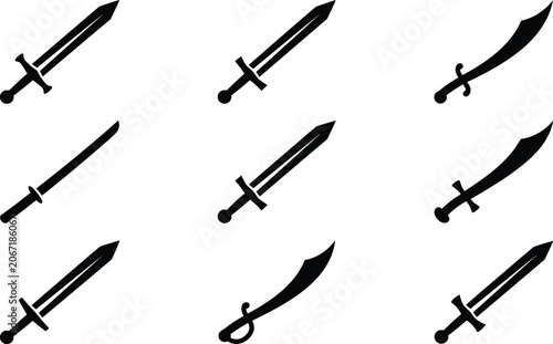 Quadro su tela Flat vector silhouette collection of medieval swords and curved sabers for video