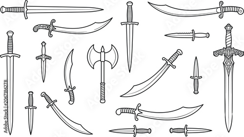 Foto Line art illustration set of medieval swords daggers and a battle axe for fantas