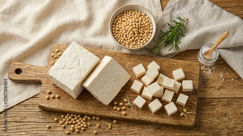 Foto Fresh tofu blocks and diced cubes are arranged on a rustic wooden board alongside a bowl of soybeans, fresh rosemary, and sea salt