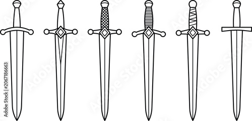 Photos Minimalist line art vector outline set of medieval swords and fantasy daggers fo