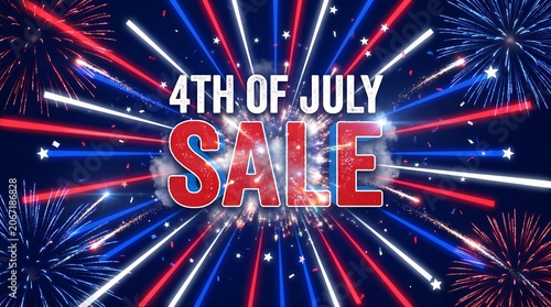 4th of July Sale typography with red white and blue fireworks background