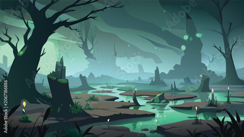 Bild auf Leinwand Enchanted swamp landscape with glowing light effects landscape mysterious enviro