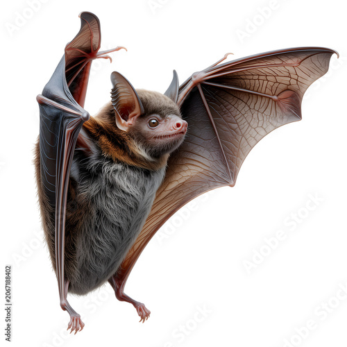 Brown bat hanging upside down detailed wildlife photography against black background