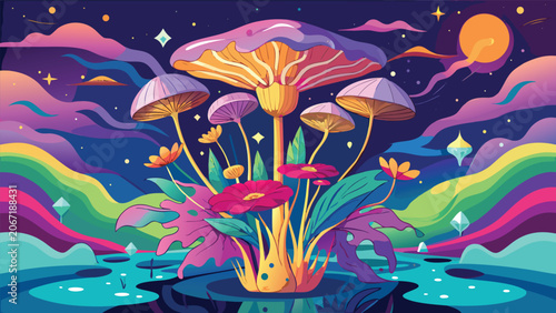 Billede på lærred Fantasy mushroom landscape under starry night sky with mushroom landscape psyche