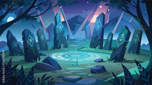 Valokuva Fantasy ancient druid stone circle in enchanted forest night with landscape mono