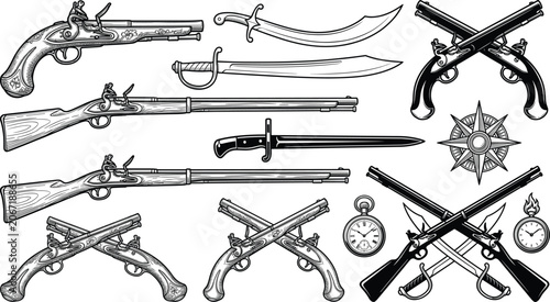 Schilderij op canvas Vintage vector sketch collection of flintlock pistols muskets and swords for pir