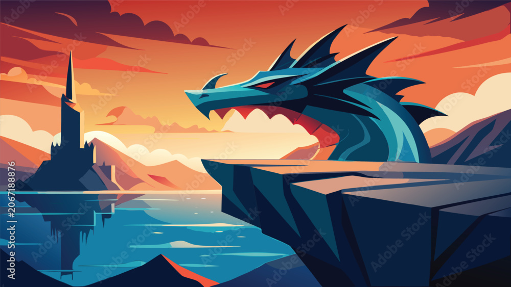 Naklejka premium Fantasy blue dragon head perched on a cliff at sunset by a castle with mythical creature landscape adventure dramatic mountains fairytale illustration medieval majestic artistic background