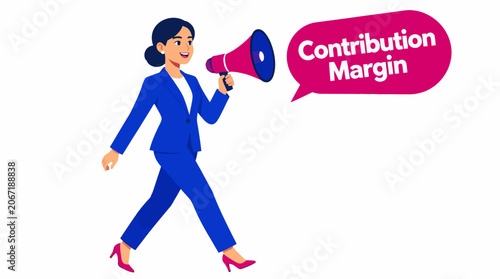 Businesswoman speaking into megaphone with contribution margin text.
