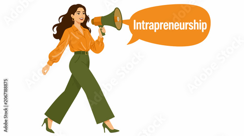 Confident woman using megaphone for announcement.