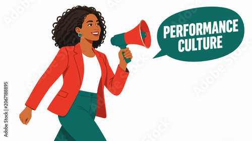 Confident woman holding megaphone for performance culture announcement.