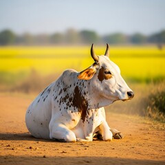 Cute cow standing on sandy beach with yellow bucket.