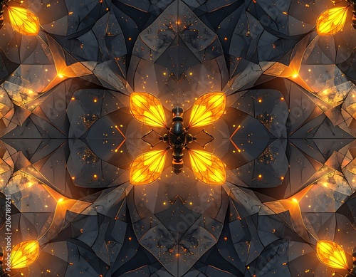 A kaleidoscope pattern with symmetrical orange and gray shapes