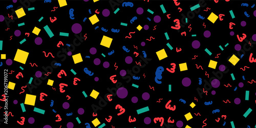 Abstract Memphis Pattern Background with Colorful Geometric Shapes on Black