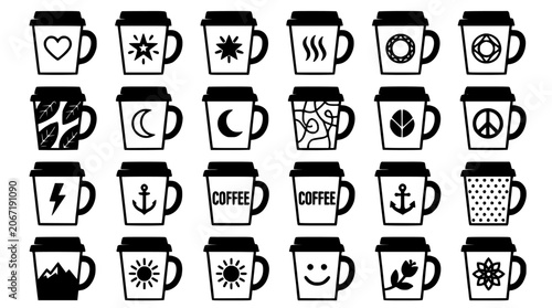Coffee Cup Icons Set in Black and White Vector Style with Hearts, Stars, Lightning, Anchors, and Patterns