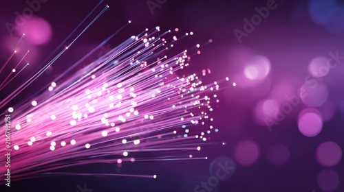 Close-up of glowing advanced optical fibers transmitting light signals, showcasing modern telecommunications technology