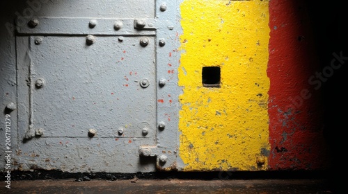 Detailed close-up of a weathered cargo hold door showing chipped paintwork and metal rivets.