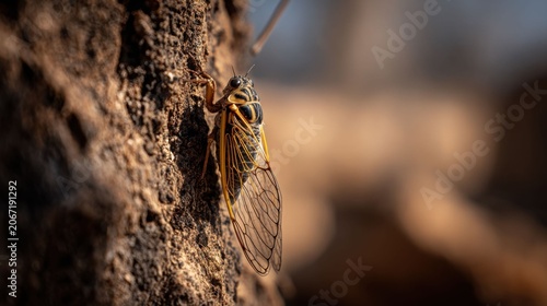 Detailed macro photograph of a cicada insect clinging to rough tree bark in natural sunlight.