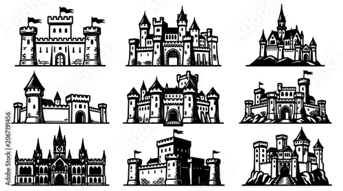 Photos Castle Buildings Graphic Set with Nine Black and White Line Art Icons Showing Di