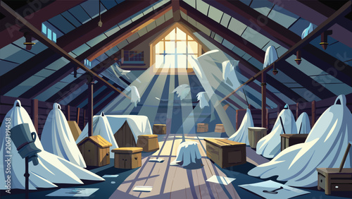 Foto Haunted attic scene with ghosts under white sheets and sunbeams supernatural par