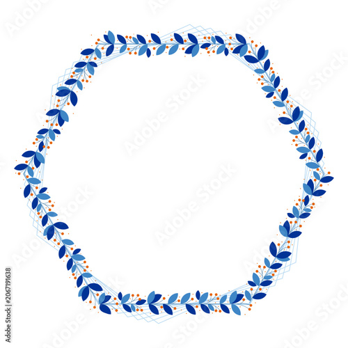 Blue Hexagon Border Frame With Leaves And Yellow Orange Berry