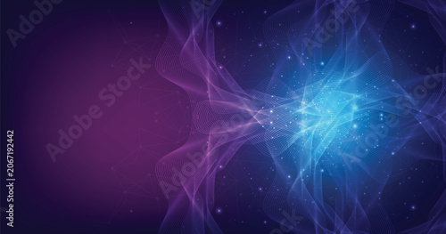 Abstract connection on dark Purple blue background. High-tech Network technology background with dots and lines connection system.Vector abstract technology on a Purple blue background.