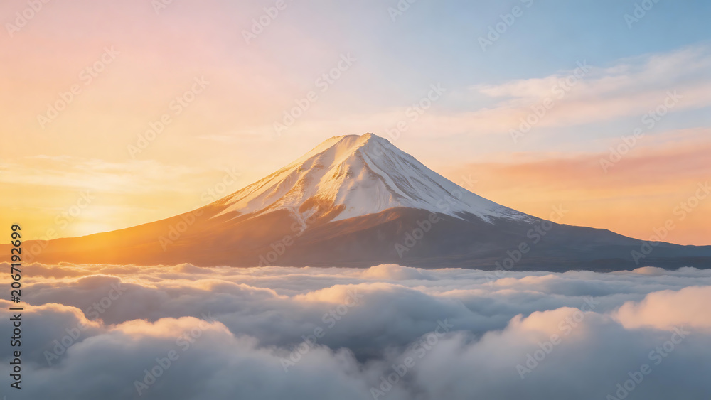 Fototapeta premium Snow capped mountain above clouds at sunrise