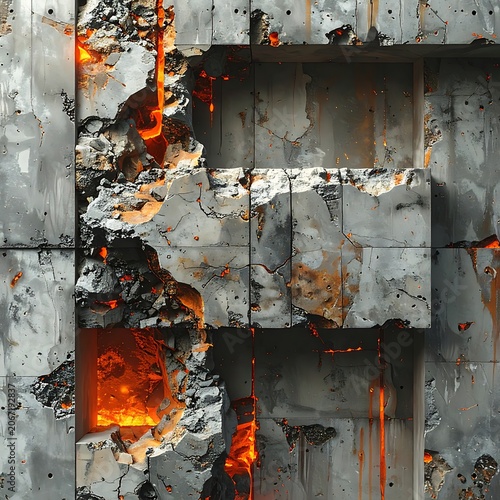 A gray concrete wall with orange lava-like molten material