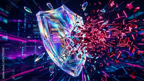 Abstract Iridescent Crystalline Shield Shattering Digital Glitch Particles