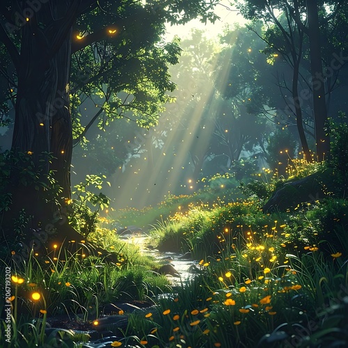 A serene forest scene with a stream running through