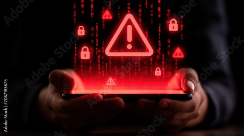 Plakat w ramie Cyber attack alert on smartphone with red warning icons and binary code background