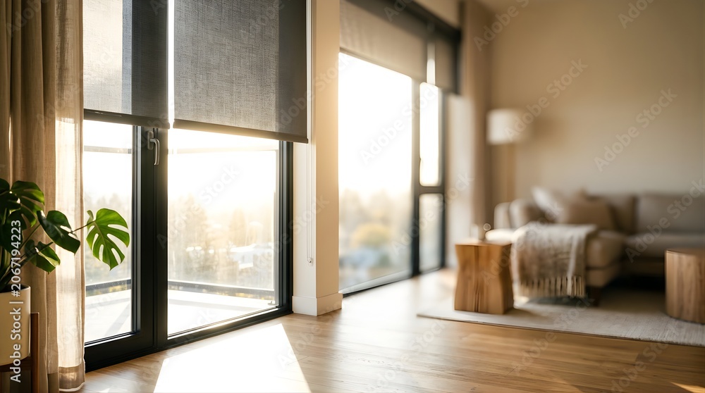 Fototapeta premium Modern Living Room Interior with Large Windows and Natural Sunlight