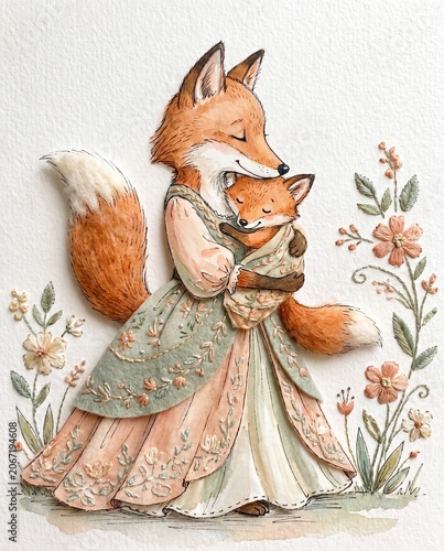 Mother Fox and Baby Watercolor Textile Collage Illustration