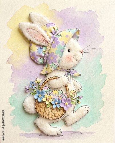 Easter Bunny with Eggs Watercolor Fabric Collage Illustration
