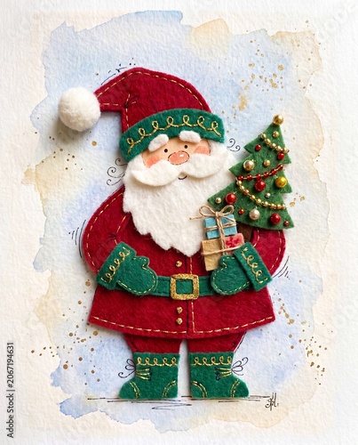 Santa Claus Watercolor Textile Collage Christmas Illustration