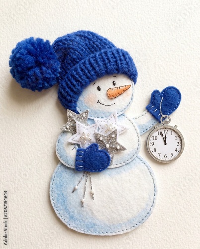 Snowman New Year Watercolor Fabric Collage Illustration