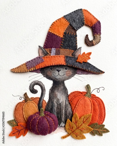Black Cat Halloween Watercolor Textile Collage Illustration