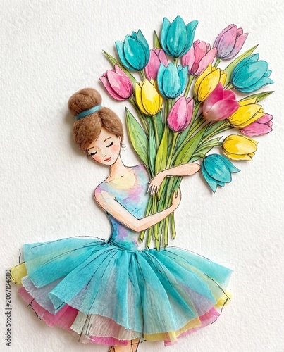 Ballerina with Tulips Watercolor Textile Collage Illustration