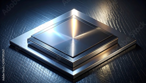 A metallic square with reflective surfaces stacked on a dark background