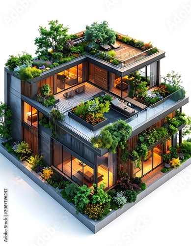A modern, eco-friendly house with lush greenery