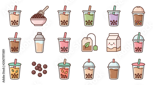 Cuadro en lienzo Colorful Collection of Delicious Bubble Teas and Desserts in a Playful Arrangeme