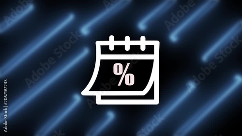 Glowing white calendar icon vector with percentage symbol on dark background with blue neon lines for sale discount event template